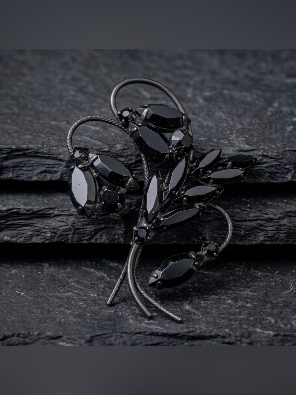 Vintage 60s Black Rhinestone Abstract Floral Japanned Metal Whimsigoth Brooch